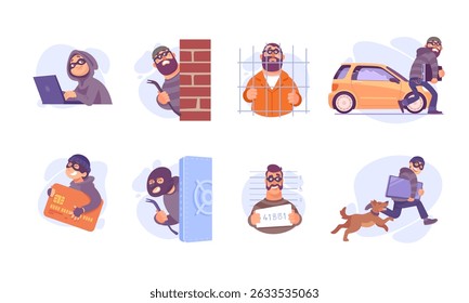 Ilustrações vetoriais que representam várias atividades criminosas e as suas consequências