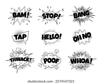 Vector illustrations with retro comic speech bubbles with text bam, stop, bang and poof and others. Superhero speech clouds. Black Halftone shadows. Emotional bubbles. Isolated background.