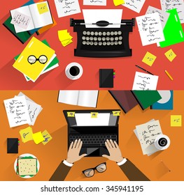 Vector illustrations of retro and modern typewriters. Concepts of writing, copy writing, screen writing, business, office work, freelance 