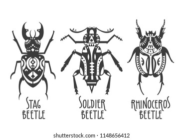 Vector illustrations of rhinoceros, soldier 
 and stag beetles decorated with ethnic patterns.