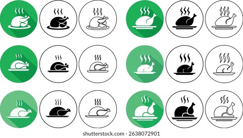 Vector illustrations of roasted chicken dinner icons in various styles and color variations