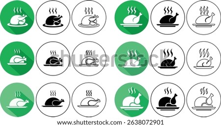 Vector illustrations of roasted chicken dinner icons in various styles and color variations