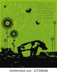 Vector illustrations of rock drawings with animals. Green primitive illustration.