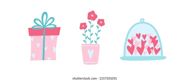 Vector illustrations of romantic objects: present box, potted flower, glass container with hearts. Symbols of Valentine's day. Design elements for decoration, print, web-applications etc.