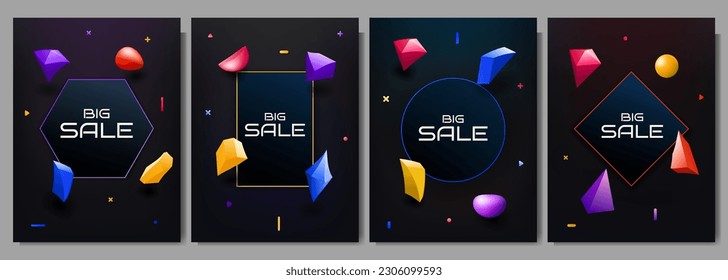 Vector illustrations. Sale banner. Dynamic abstract colorful backgrounds set. Gradient 3d geometric shapes. Design elements for web templates, posters, covers, magazines, discount cards, layouts