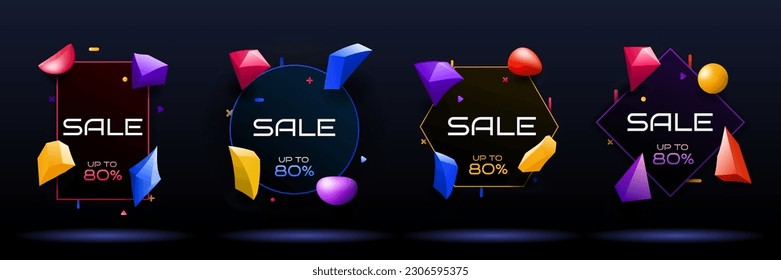 Vector illustrations. Sale banner. Dynamic abstract colorful backgrounds set. Gradient 3d geometric shapes. Design elements for web templates, posters, covers, magazines, discount cards, layouts