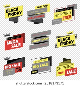 Vector illustrations of sale, discount, free shipping, special offer, this week only, today only, order today, get it tomorrow, order online, one day shipping, big sale, mega sale, half price