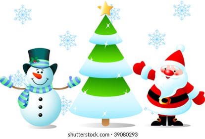 Vector illustrations of Santa Claus, Christmas Tree and Snowman. Everything are separate