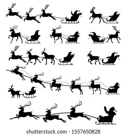 Vector illustrations of Santa Claus riding on reindeer sleigh silhouettes set