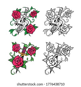Vector illustrations of a scary cat's skull and swords with flower elements. Patterns with roses. Modern prints for t-shirts in black and white and color style. Graphic template for any design.