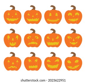 Imágenes vectoriales de calabazas aterradoras de Halloween con una sonrisa. Aislado sobre fondo blanco. Elementos de diseño de vectores para iconos, tarjetas, carteles.