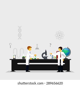 Vector illustrations of scientists in laboratories conducting research