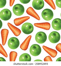 Vector illustrations seamless pattern with cartoon carrots and green apples