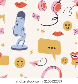 Vector illustrations seamless pattern - concept of podcast recording and listening, broadcasting, online radio, audio streaming service