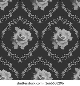 vector illustrations, seamless pattern in monochrome gray with elements of flowers, damask ornaments, classic background, wallpaper, wrapping paper, scrapbooking