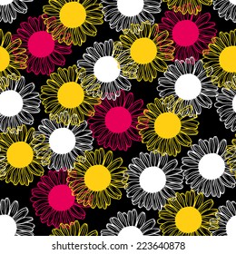 Vector illustrations of seamless pattern of pink, yellow and white chrysanthemums flowers on black background