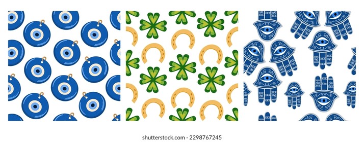 Vector illustrations seamless pattern - symbols of good luck. Nazar amulet, four-leaf clover and horseshoe, hamsa amulet. Vector illustration