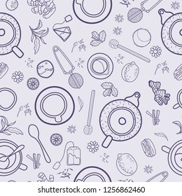 Vector illustrations. Seamless pattern with tea accessories: cup, teapot, tea bag, tea tools, macaroons. Flat lay, top view. Outline drawing. Concept for tea shop, cafe or teahouse. 