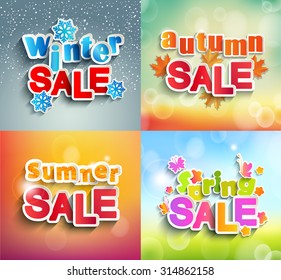 Vector illustrations - seasonal sale, summer, autumn, winter, spring.  Typographics on beautiful seasonal bokeh backgrounds.