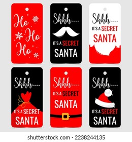 Vector illustrations of Secret Santa labels and tags in red, black and white colours with Christmas elements, mustache and beard of Santa Claus, bag with Christmas gifts, Santa's red hat and suit.