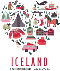 Vector illustrations separated on a white background. Bundle, set of icons shaped a heart. Iceland symbols, animals, architecture, culture and landscapes.
