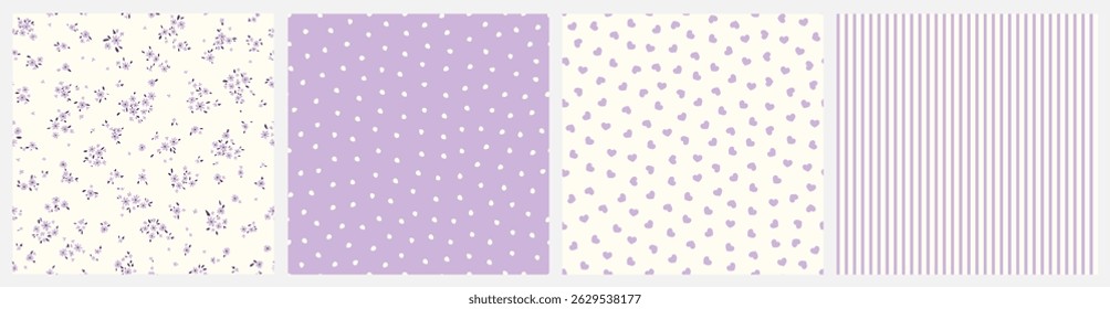 Vector illustrations. Set of 4 Seamless patterns in pastel violet tones, tiny flowers, dots, hearts, stripes. Summer, vacation, fabric design, wrapping paper design