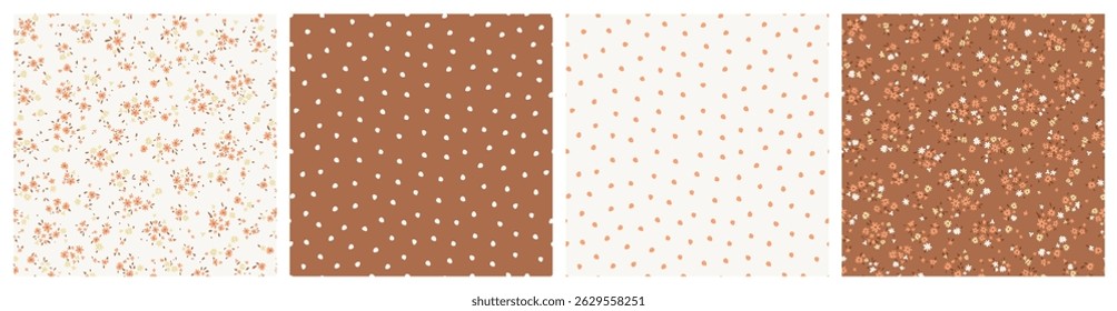 Vector illustrations. Set of 4 Seamless patterns in pastel beige brown tones, tiny flowers and dots. Summer, vacation, fabric design, wrapping paper design