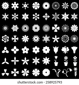 Vector illustrations of set of 64 negative flowers icons on black background