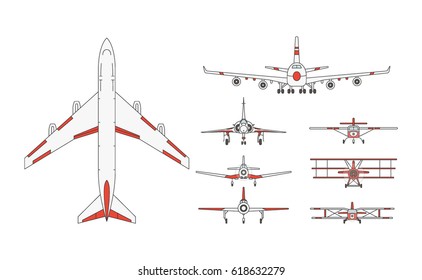 Vector illustrations set of airliner models on white background. Aircraft topic.