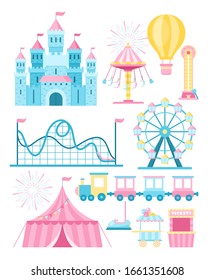 Vector illustrations set of Amusement park attractions flat. Cartoon ferris wheel, roller coaster and tickets booth. Fairground, funfair design elements pack. Circus tent, high striker, ice cream