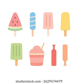 Vector illustrations set of assorted ice cream and popsicles, including watermelon, swirl, and classic frozen treats, isolated on a white background. Summer cold desserts collection.