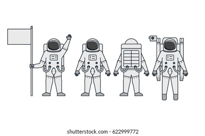 Vector illustrations set of astronauts in different spacesuits on white background. Space topic.