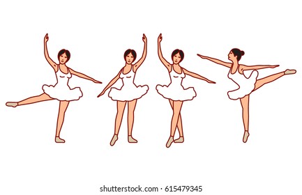 Vector illustrations set of ballet movements on white background. Gymnastics and healthy lifestyle topic.