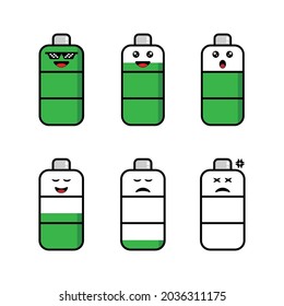 Vector illustrations set of battery, baterry full to low with emotions on white background