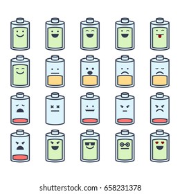 Vector illustrations set of battery with emotions on white background. Emoji and smiles topic.