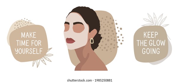 Ilustraciones vectoriales establecidas. Citas de belleza. Leyendo "hazte tiempo por ti mismo", "mantén el brillo en marcha". Retrato de una mujer elegante. Máscara de hojas y joyas. Resumen de fondo beige con puntos y hojas