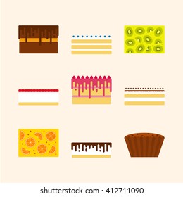 Vector illustrations set of birthday cakes in simple geometric flat style. Icons of different pies, tortes, desserts. For party invitation and cards, menu design.