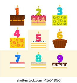 Vector illustrations set of birthday cakes with candles in the shape of numbers in flat style. Icons of different pies. For birthday or anniversary party invitation and cards design.