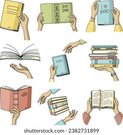 Ilustraciones vectoriales de libros y manos humanas. Estudios, educación, literatura, aprendizaje y concepto de lectura. Diseño gráfico de imágenes para instituciones educativas, librerías, café literario