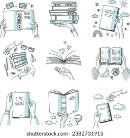 Vector illustrations set of books and human hands. Studies, education, literature, learning and reading concept. Graphic image design for educational institution, bookstore, literary café