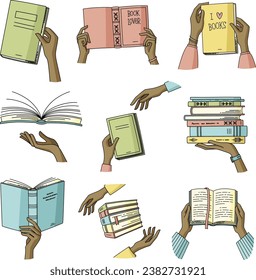 Vector illustrations set of books and human hands. Studies, education, literature, learning and reading concept. Graphic image design for educational institution, bookstore, literary café