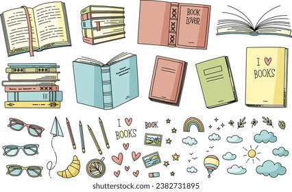 Vector illustrations set of books, planners, textbook and study tools. Studies, education, learning and reading concept. Graphic image design for educational institution, bookstore, literature club