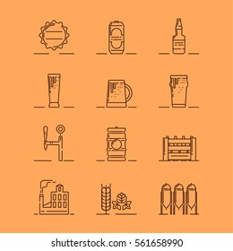 Vector illustrations set of the brewery attributes such as bottle cap, can, glass bottle, mugs and pints,  draught system, barrel, box, brewery building, barley and malt on peach color background. 