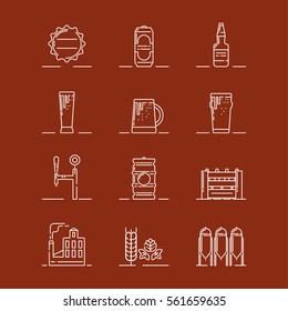 Vector illustrations set of the brewery attributes such as bottle cap, can, glass bottle, mugs and pints,  draught system, barrel, box, brewery building, barley and malt on red background. 
