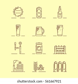 Vector illustrations set of the brewery attributes such as bottle cap, can, glass bottle, mugs and pints, draught system, barrel, box, brewery building, barley and malt on yellow background.