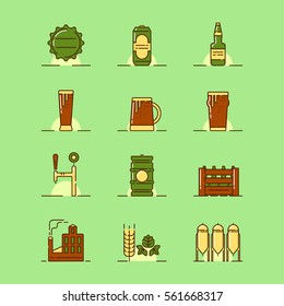 Vector illustrations set of the brewery attributes such as bottle cap, can, glass bottle, mugs and pints, draught system, barrel, box, brewery building, barley and malt on green background.