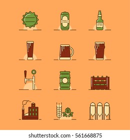 Vector illustrations set of the brewery attributes such as bottle cap, can, glass bottle, mugs and pints, draught system, barrel, box, brewery building, barley and malt on orange background.