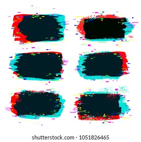 Vector illustrations set of brush strokes banners with glitch rgb red and cyan colors effect on white backgound.