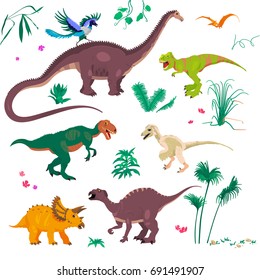 Vector illustrations set of cartoon dinosaurs and tropical plants, grass and stones. Jurassic park concept: palm trees, T-Rex, Raptor, Triceratops, Pterodactyl, Megalosaur, Iguanodon, Diplodocus etc