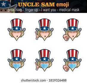 Vector illustrations Set of cartoon Uncle Sam Emoji with preaching expression, just the face, pointing the finger I want you and up and surgical mask options. Elements on well-defined layers n groups